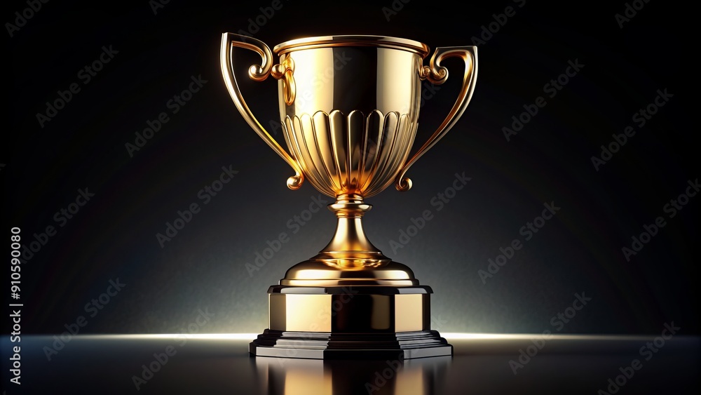 A shiny golden trophy on a black background with intricate engravings and a gleaming base, symbolizing achievement and excellence in a prestigious competition. A shiny golden trophy on a black background with intricate engravings and a gleaming base, symbolizing achievement and excellence in a prestigious competition.