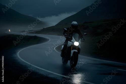 Lone motorcyclist on winding road, mountainous landscape, headlight illuminates wet path photo