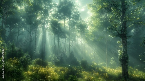 Moody Misty Forest with Ethereal Sunlight Beams Filtering Through Towering Trees