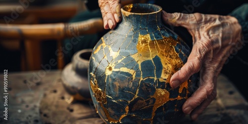 Kintsugi, kintsukuroi pottery repaired with golden lacquer, traditional Japanese art, repairing with gold, craftsmanship, golden repair concept