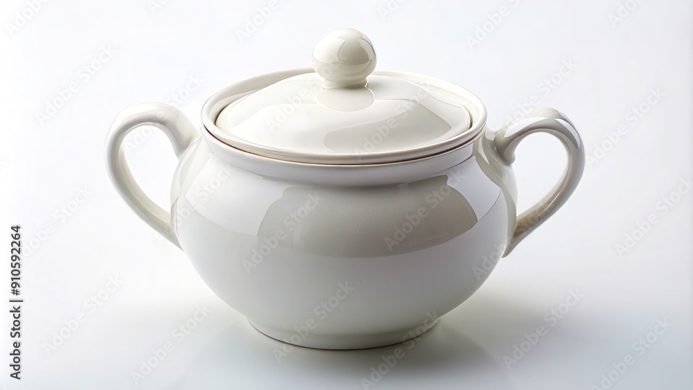 A crisp white ceramic sugar bowl sits isolated on a clean background, its rounded shape and delicate handle evoking warmth and classic elegance. A crisp white ceramic sugar bowl sits isolated on a clean background, its rounded shape and delicate handle evoking warmth and classic elegance.