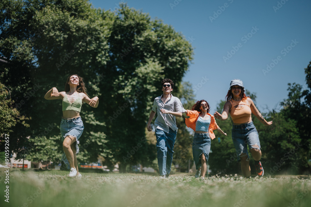 Four young friends having fun, running and enjoying a sunny day in the park. Happiness, joy, and friendship capture the carefree spirit of youth. Four young friends having fun, running and enjoying a sunny day in the park. Happiness, joy, and friendship capture the carefree spirit of youth.