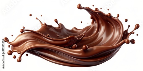 Rich, dark brown chocolate liquid swirls and splashes with tiny foundation bubbles, flowing in a wavy pattern, isolated on a clear transparent background with dynamic fluid motion.