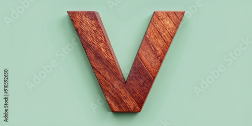 Rough-edged wooden uppercase letter V with dark red brown wood grain texture and jagged font style isolated on a soft pastel background with clipping path. photo