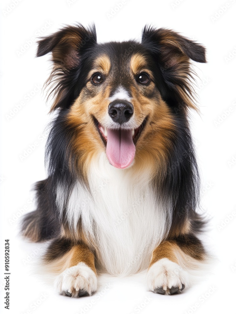 Shetland Sheepdog / Sheltie dog lying down, isolated on white Shetland Sheepdog / Sheltie dog lying down, isolated on white