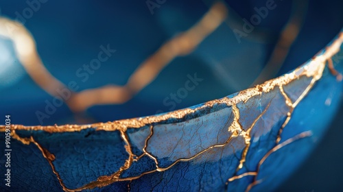 Kintsugi, close-up of blue bowl with golden repair lines, Japanese art of golden joinery concept