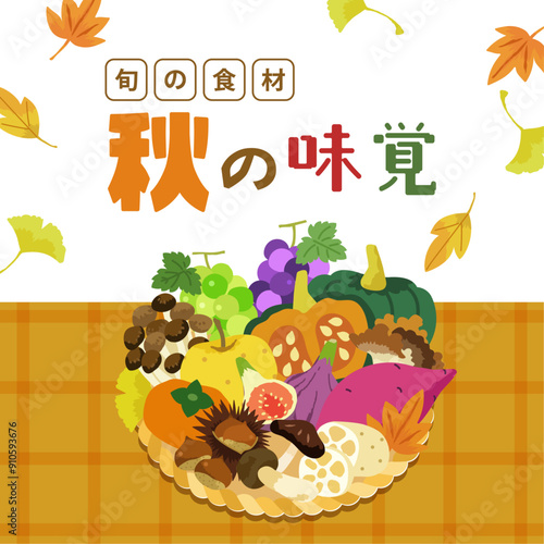 秋の味覚 食材 野菜 フルーツ バナー _ ベクター 素材 コピースペース 背景 チェック 紅葉 テンプレート 正方形 1:1	
