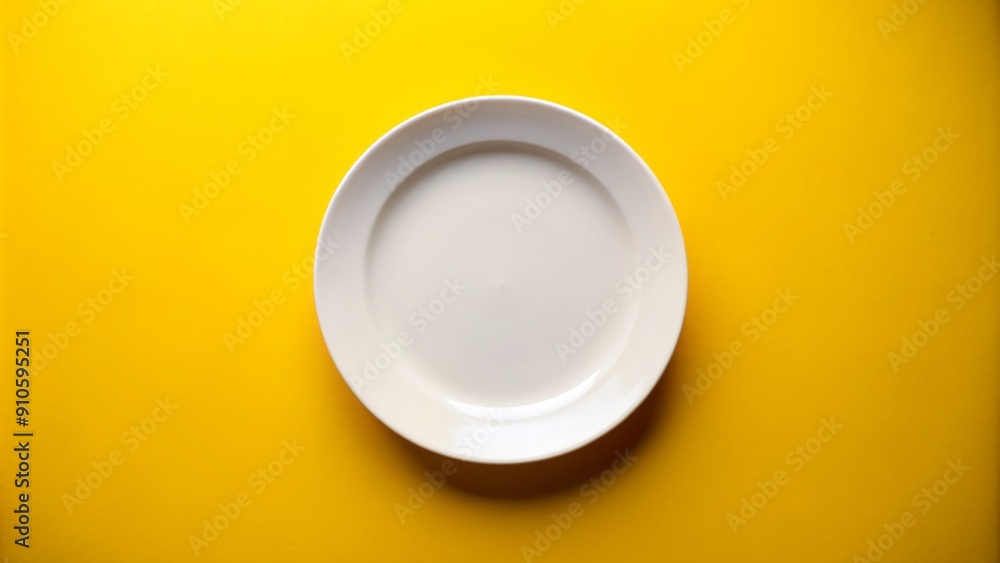 Empty plate on yellow background with copious space, perfect for adding text or graphics, conveying themes of hunger, emptiness, or waiting for a culinary delight. Empty plate on yellow background with copious space, perfect for adding text or graphics, conveying themes of hunger, emptiness, or waiting for a culinary delight.