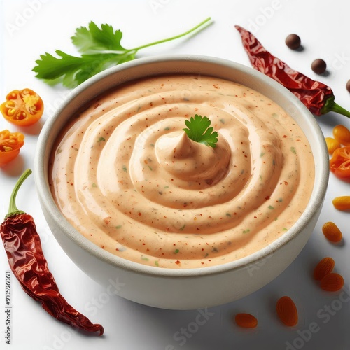 White bowl of chipotle aioli sauce isolated on a white background