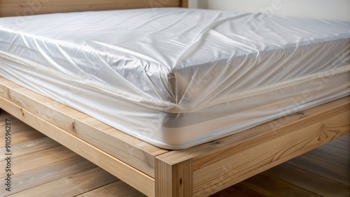 Crisp white bedding with a transparent waterproof mattress protector, rumpled and slightly pulled back, revealing a hint of the mattress underneath, on a wooden bed frame.