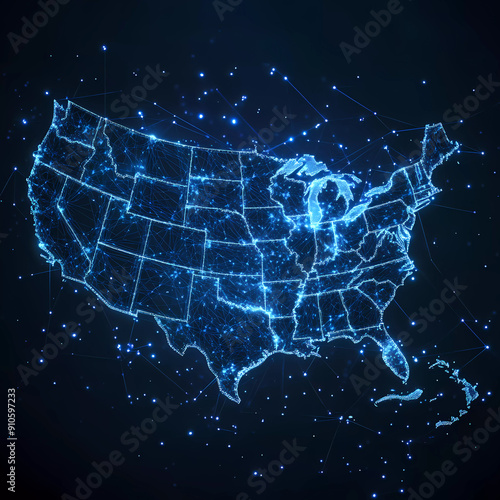 Digital map of USA, concept of North America global network and connectivity, data transfer and cyber technology, information exchange and telecommunication Generative AI