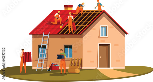 Construction workers team wearing orange uniform repairing house roof using professional equipment
