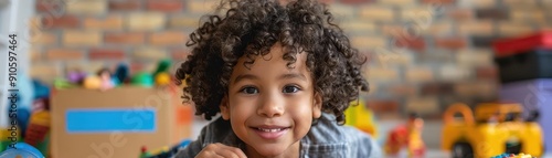 Happy children unpacking toys in their new room, close up on joyful faces, moving day theme, whimsical, composite, playroom backdrop