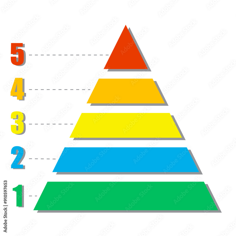 Colorful pyramid chart. Five numbered layers. Hierarchical structure illustration. Vector design. Colorful pyramid chart. Five numbered layers. Hierarchical structure illustration. Vector design.
