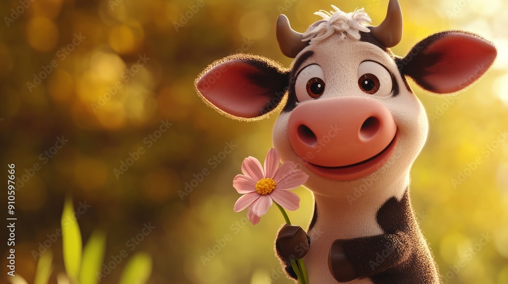 Cute 3D Cartoon Cow Holding Flower: Adorable Stock Illustration Cute 3D Cartoon Cow Holding Flower: Adorable Stock Illustration