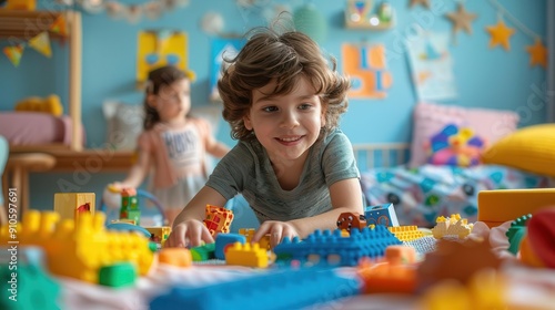 Kids excitedly setting up their new room, selective focus on creativity and play, fun and games theme, dynamic, fusion, nursery backdrop photo