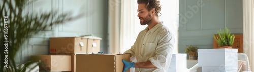 Movers carefully handling delicate items, selective focus on care and attention, precision theme, ethereal, overlay, bedroom backdrop photo