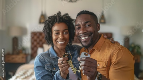 New homeowners proudly displaying keys, focus on excitement and joy, moving in theme, dynamic, multilayer, bedroom backdrop