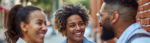 New neighbors meeting for the first time, close up on smiles and introductions, new friendships theme, ethereal, manipulation, sidewalk backdrop photo