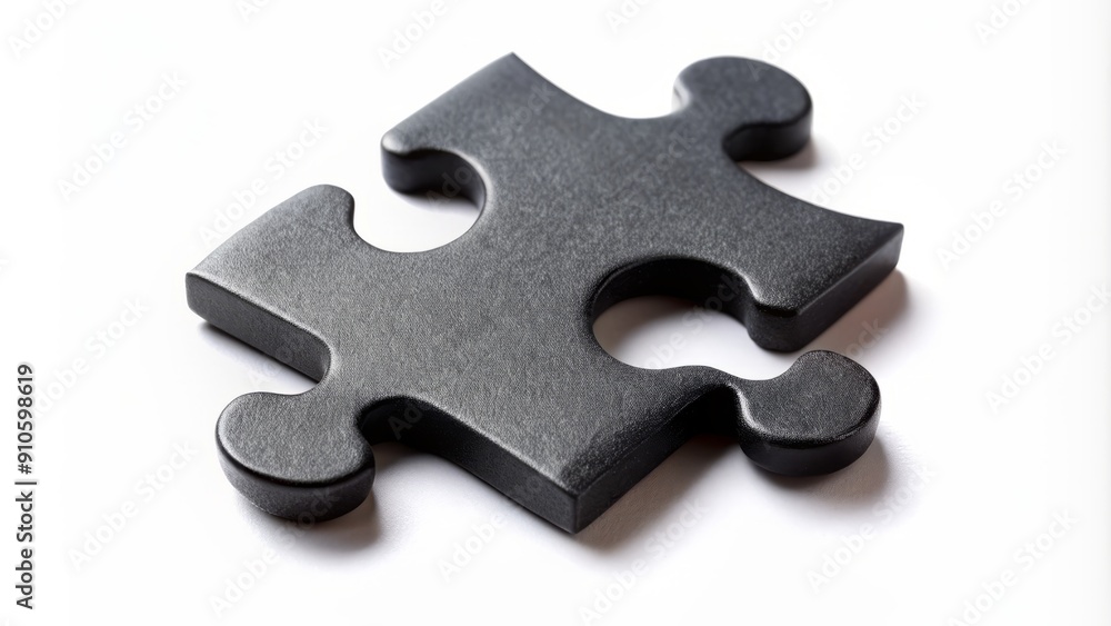 Obraz premium Isolated black puzzle piece on a white background, showcasing intricate details and texture, symbolizing problem solving, strategy, and critical thinking in a minimalist composition.