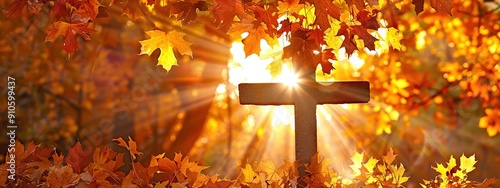 Sun shining through a cross on a background of golden autumn leaves in fall, symbolizing faith and hope. powerful message of belief and optimism.Cross, Faith, Hope, Conviction