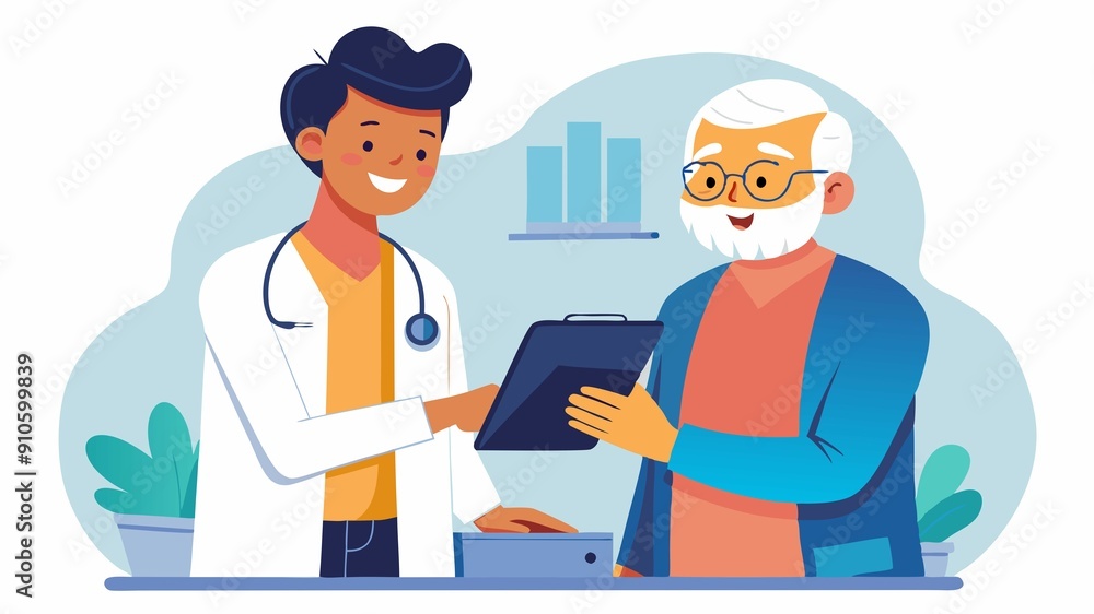 Age is no barrier to innovation. A senior patient engaging with a young doctor using a digital tablet. The image celebrates a willingness to embrace technology for better health management. Age is no barrier to innovation. A senior patient engaging with a young doctor using a digital tablet. The image celebrates a willingness to embrace technology for better health management.