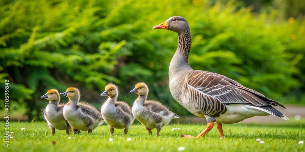 Adorable gray geese family strolls on lush green grass, parents vigilantly guarding edges, curious goslings waddling between them, all eyes watchfully surveying surroundings. Adorable gray geese family strolls on lush green grass, parents vigilantly guarding edges, curious goslings waddling between them, all eyes watchfully surveying surroundings.
