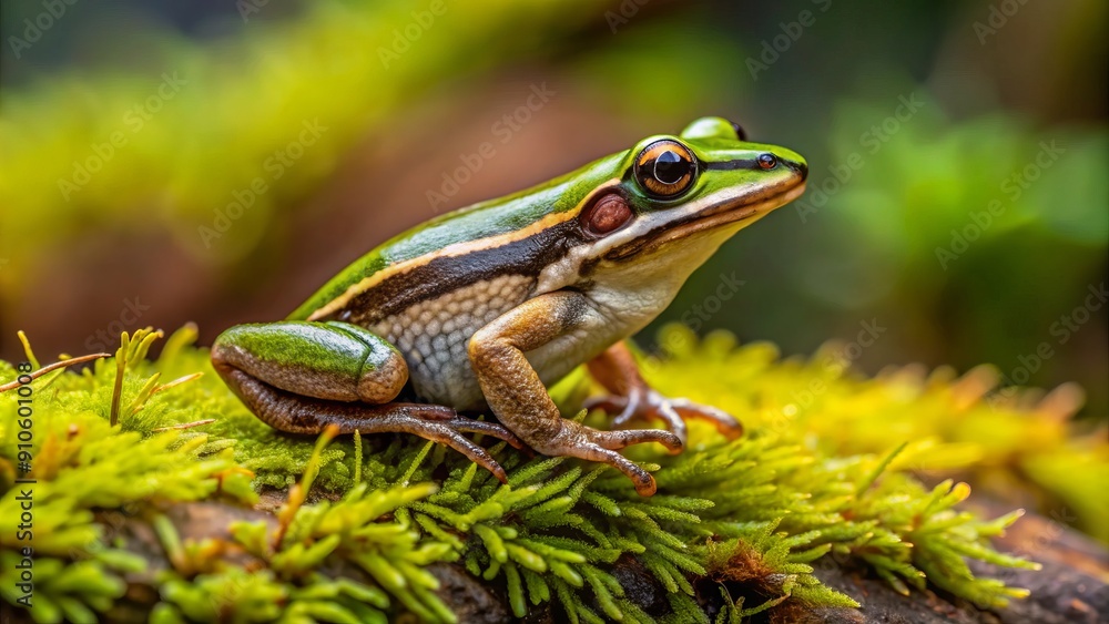 A tiny western chorus frog, with distinctive stripes, perches on a moss-covered log in a serene Canadian wetland, showcasing its vibrant green and brown skin. A tiny western chorus frog, with distinctive stripes, perches on a moss-covered log in a serene Canadian wetland, showcasing its vibrant green and brown skin.