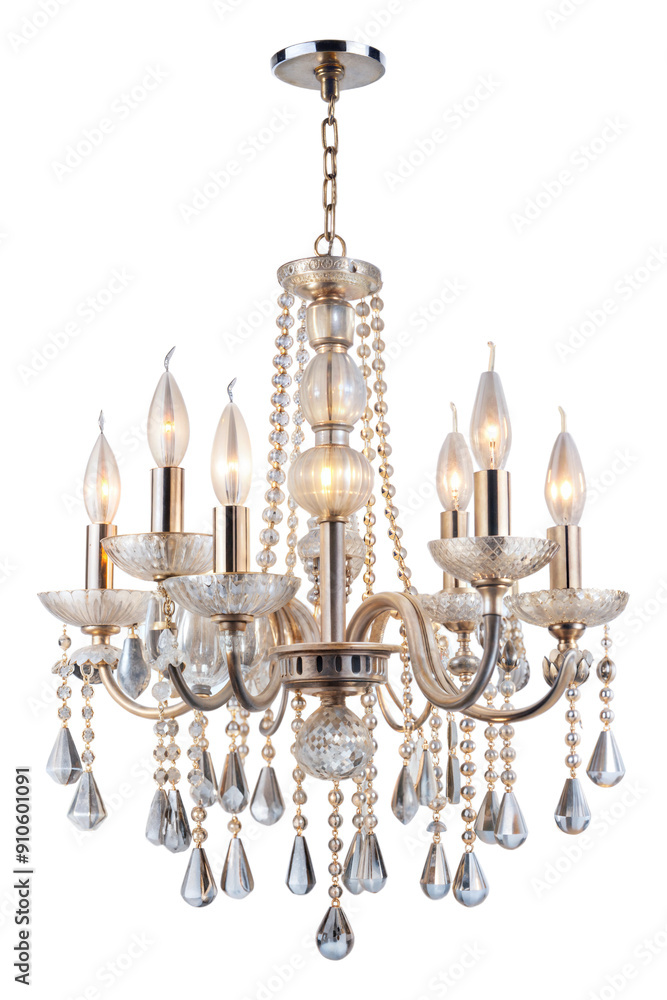 Elegant crystal chandelier hanging in a classic dining area during evening lighting, cut out - stock png. Elegant crystal chandelier hanging in a classic dining area during evening lighting, cut out - stock png.