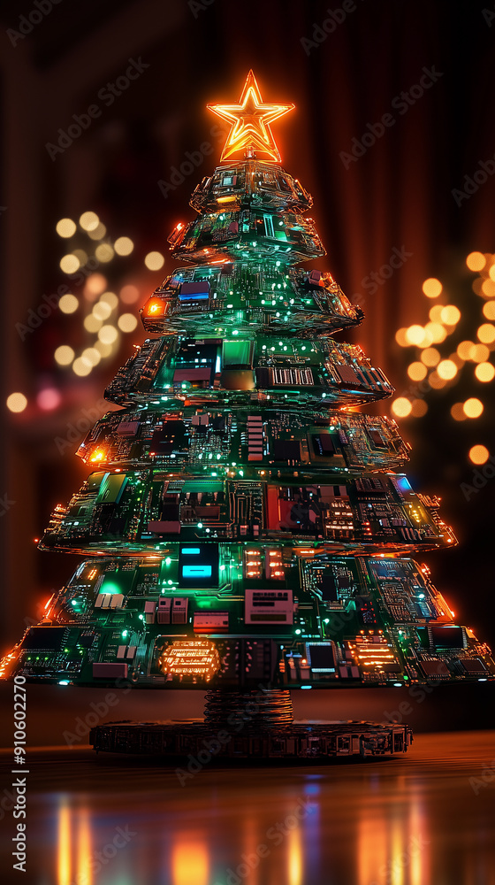 christmas tree with chips and nanotechnology, artificial intelligence industry, and hardware for christmas