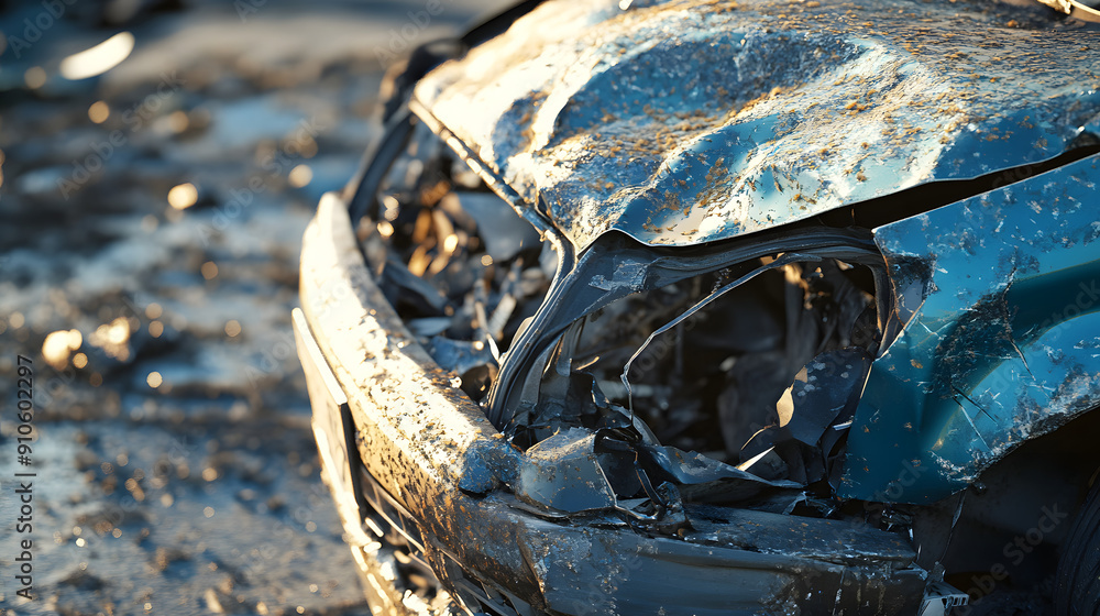 Obraz premium Tragic rusted car collision photograph twisted metal shattered glass pavement city road devastation violence impact damage transport injury disaster catastrophe insurance trouble incident speeding