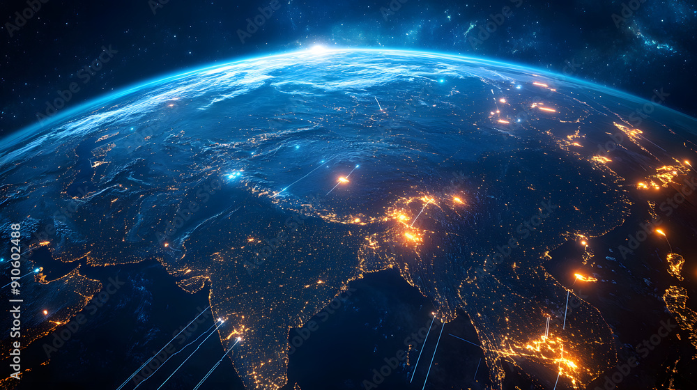 Obraz premium Digital world map planet Earth space global globe sky space 5G wireless network AI big data communication pathways science technology web internet connection transmission cyber cloud computing online