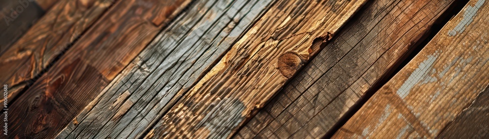 Fototapeta premium Reclaimed wood textures, natural grains, close up, ecofriendly materials, realistic, Fusion, artisan workshop