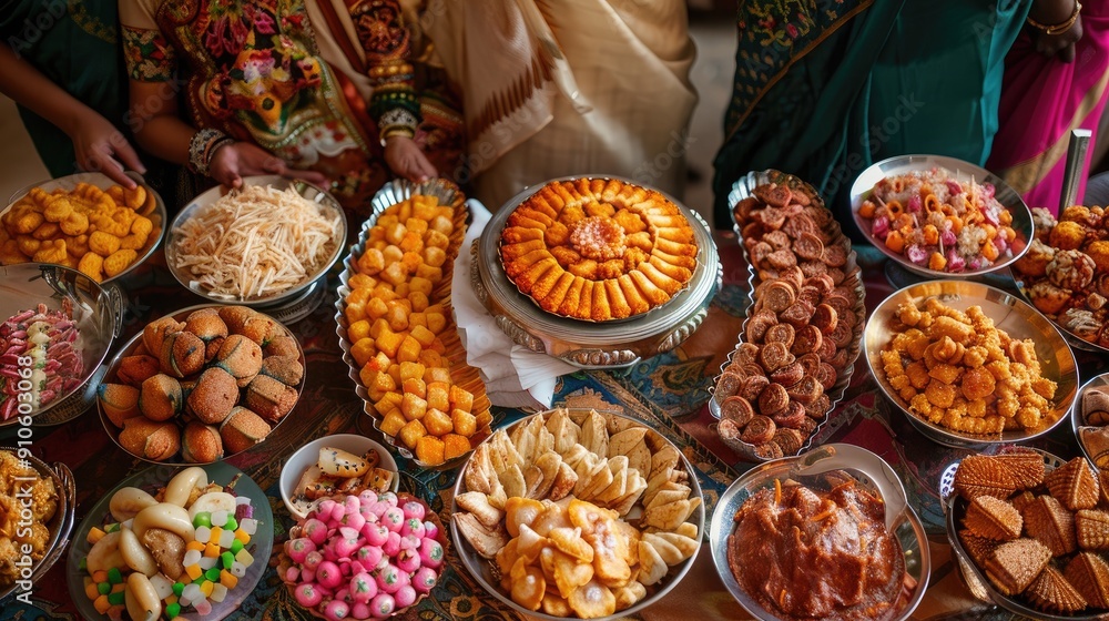 Fototapeta premium A table full of food with a variety of dishes including a large cake. Scene is festive and celebratory