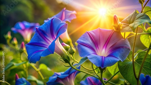 Delicate, trumpet-shaped morning glory flowers unfurl at dawn, showcasing vibrant colors and intricate details, symbolizing new beginnings and fleeting beauty in the early morning light. photo