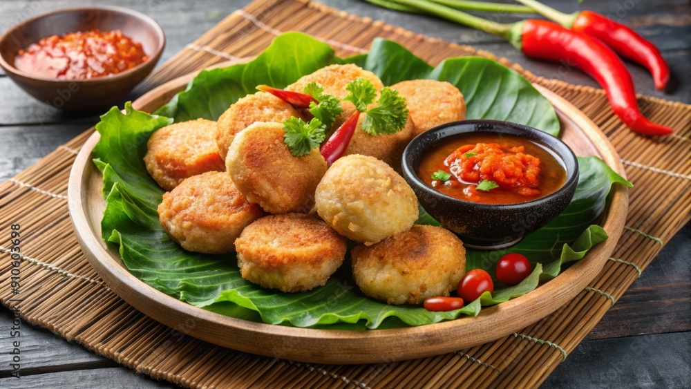 Delicious Indonesian pempek fish cakes, made with ground fish, starch, and spices, served on a plate with a side of sweet chili sauce for dipping. Delicious Indonesian pempek fish cakes, made with ground fish, starch, and spices, served on a plate with a side of sweet chili sauce for dipping.