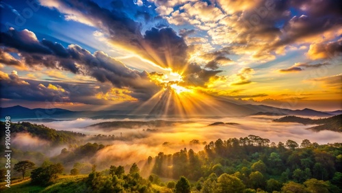 Dramatic sky with vibrant clouds, sunbeams, and misty atmosphere, perfect for serene landscapes, nature, travel, and adventure photography, with a sense of freedom and tranquility.