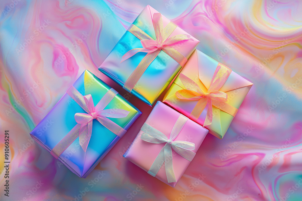 Large, elegantly wrapped gifts in bright, solid colors with satin ribbons, placed on a background of abstract, colorful shapes. Bright, festive light. Artistic and celebratory mood. Large, elegantly wrapped gifts in bright, solid colors with satin ribbons, placed on a background of abstract, colorful shapes. Bright, festive light. Artistic and celebratory mood.