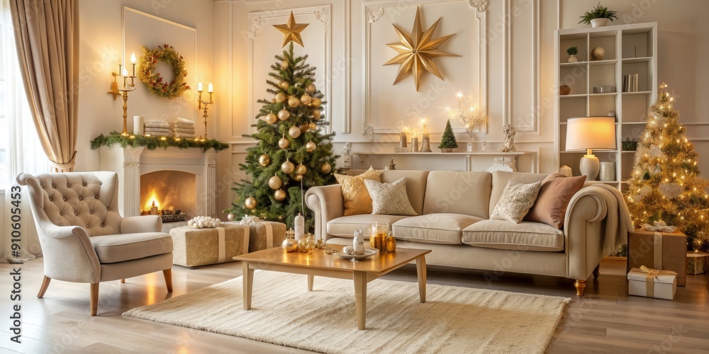 Festive living room interior with beige sofa, boucle armchair, seasonal decorations, sparkling stars, gifts, and elegant accessories, evoking a warm and inviting holiday atmosphere. Festive living room interior with beige sofa, boucle armchair, seasonal decorations, sparkling stars, gifts, and elegant accessories, evoking a warm and inviting holiday atmosphere.