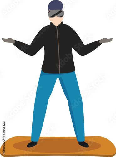 Confident snowboarder is standing with open arms, ready to ride down the slopes