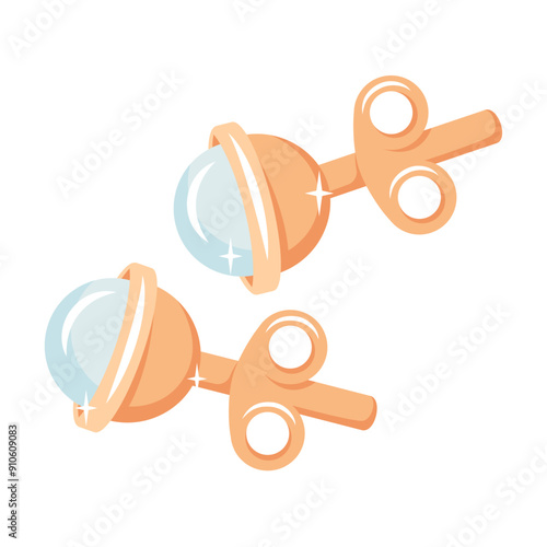 Elegant golden earrings on clasp. Pair of earrings with pearly gemstones. Jewelry icon close up. Luxury bijouterie in minimalist style. Vector flat illustration