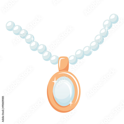 Precious pendant with pearl. Pearly chain and sparkling necklace from Jewellery gemstone. Vintage Luxury ornament. Vector illustration for jewellery shop, marriage, valentine, gift