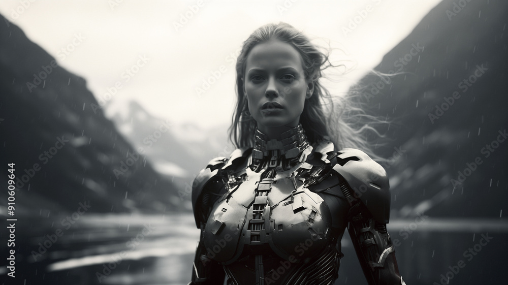 Cinematic B&W movie still of a half cyborg, half human warrior woman in an advanced technology augmented protective suit. Nordic landscape and soft natural daylight. Cinematic B&W movie still of a half cyborg, half human warrior woman in an advanced technology augmented protective suit. Nordic landscape and soft natural daylight.