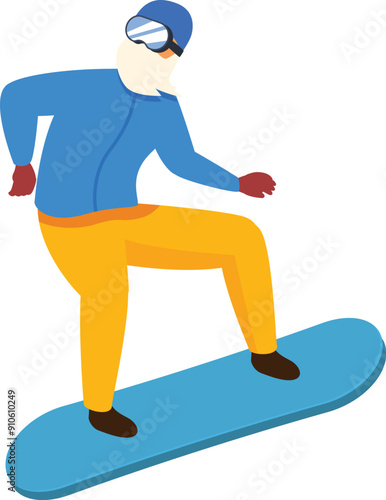 Snowboarder wearing warm clothes, helmet, goggles, and gloves, snowboarding down a slope