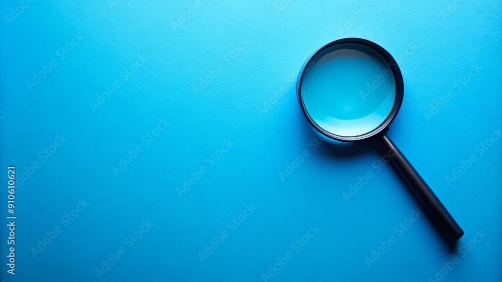 A black magnifying glass lies on a vibrant blue background, creating a striking contrast, representing investigation, search, exploration, and analysis, with ample space for text overlay. A black magnifying glass lies on a vibrant blue background, creating a striking contrast, representing investigation, search, exploration, and analysis, with ample space for text overlay.