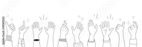 Applause hands set in doodle style. Human hands sketch, scribble arms raised in various gestures, including clapping, thumbs-up, and heart-finger symbols, on a white background, vector illustration