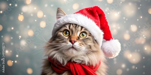 Adorable fluffy female cat with bright curious eyes and soft fur wears a festive red Santa hat and matching scarf, exuding holiday cheer.