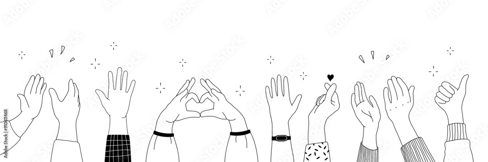 Applause hands set in doodle style. Human hands sketch with arms raised in gestures like clapping, thumbs-up and heart-finger symbols on a white background, vector illustration. Applause hands set in doodle style. Human hands sketch with arms raised in gestures like clapping, thumbs-up and heart-finger symbols on a white background, vector illustration.