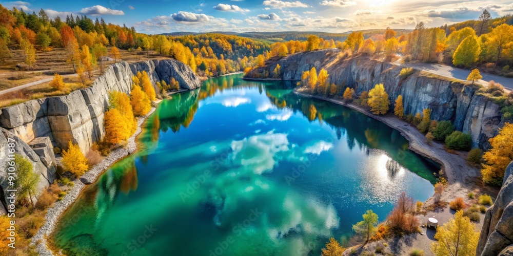 Aerial drone view of a serene abandoned granite quarry filled with crystal-clear turquoise water, surrounded by lush autumn foliage under a vibrant sunny sky. Aerial drone view of a serene abandoned granite quarry filled with crystal-clear turquoise water, surrounded by lush autumn foliage under a vibrant sunny sky.
