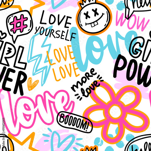 Fashion abstract seamless pattern with graffiti words, slogan and cute signs on white background. Bright Wallpaper on hand draw style for teen girl